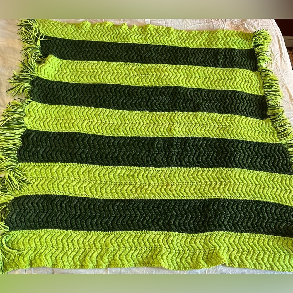 Handmade Crochet Chevron Green Striped Fringed Throw Blanket